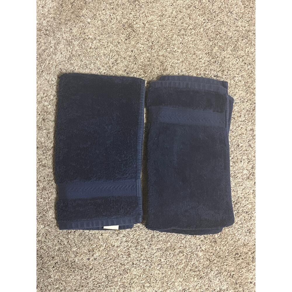 Navy Blue Royal Velvet Hand Towels (2) Eqyptian Cotton Loops Vintage 11 x 24"